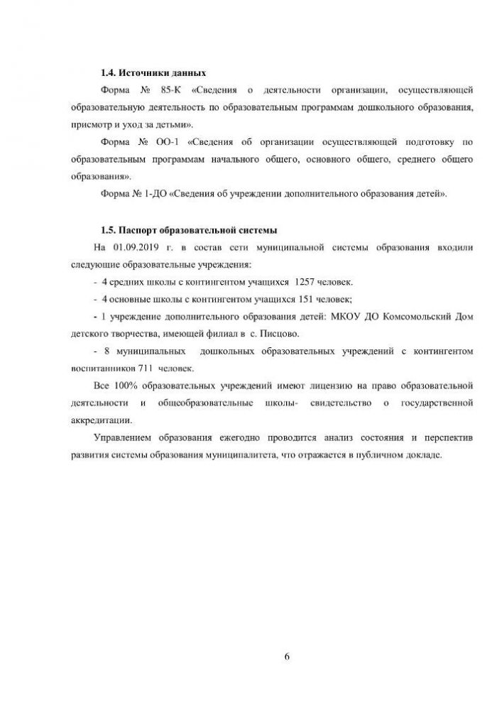 Итоговый отчет УПРАВЛЕНИЯ ОБРАЗОВАНИЯ АДМИНИСТРАЦИИ КОМСОМОЛЬСКОГО МУНИЦИПАЛЬНОГО РАЙОНА о результатах анализа состояния и перспектив развития системы образования за 2019 год